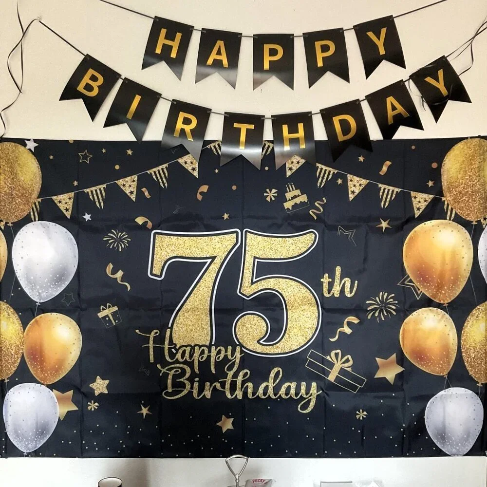 75TH HAPPY BIRTHDAY BACK DROP, BANNER, 8 TABLE DÉCOR 11 BALLOONS